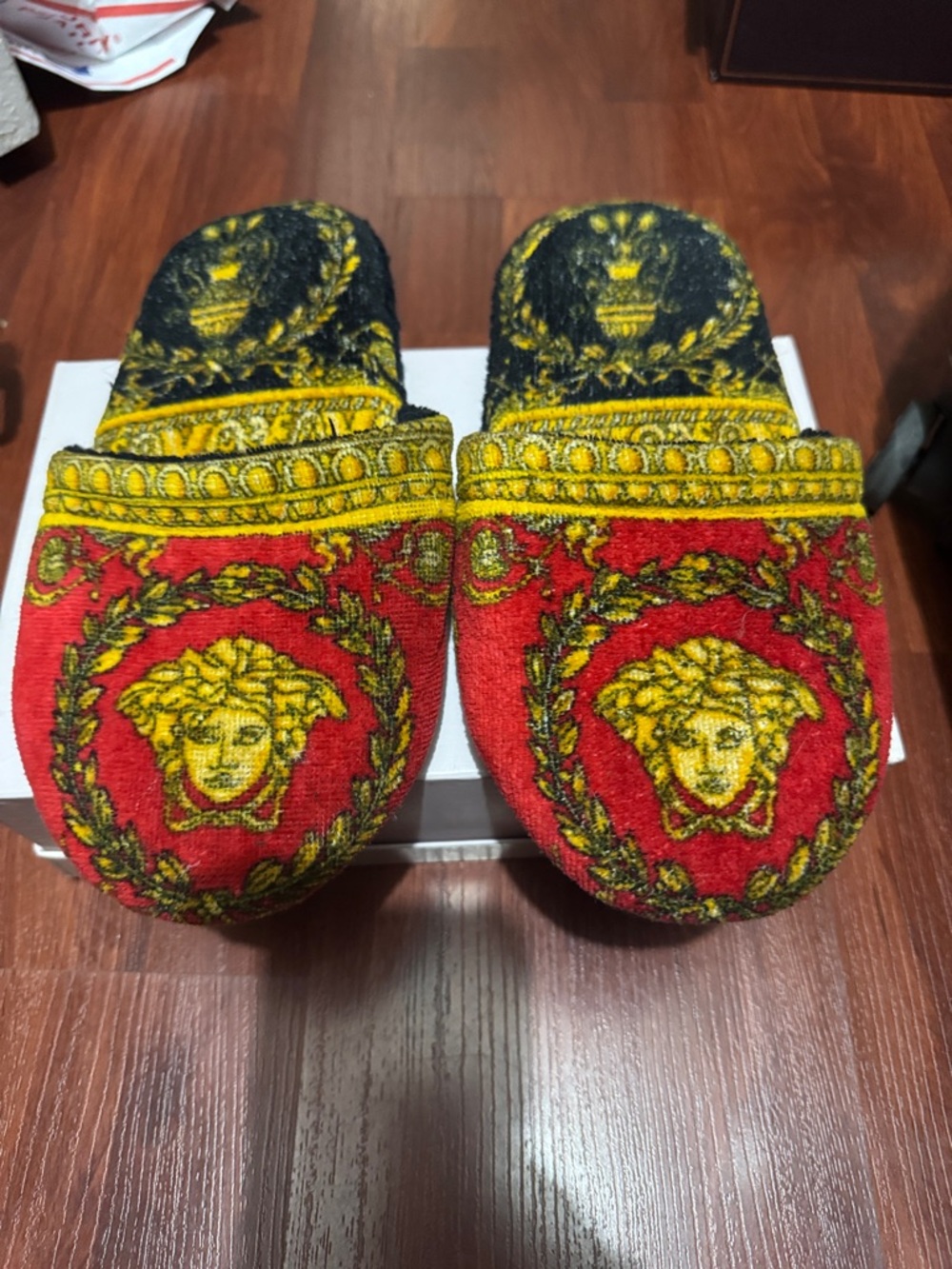 Medusa Emblem Red & Gold Tapestry Slip-On Slippers